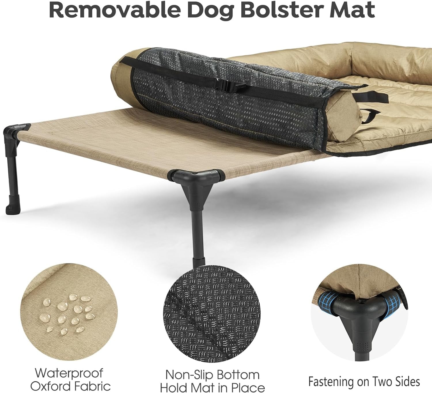 Cooling Elevated Dog Bed + Waterproof Removable Pillow-Top Mat, Bolster Dog Cot Bed, Raised Pet Cot with Breathable Mesh, No-Slip Feet, Dog Couch Bed for Indoor & Outdoor, Large, Beige