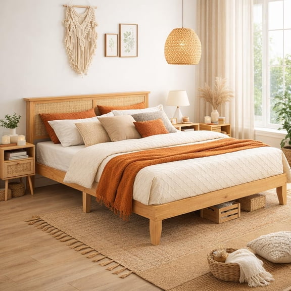 Bed Frame with LED Lights and Storage Headboard, Upholstered Platform Bed with Charging Station, Rattan Headboard, Wood Slat Support, Noise-Free Design, No Box Spring Needed,Queen