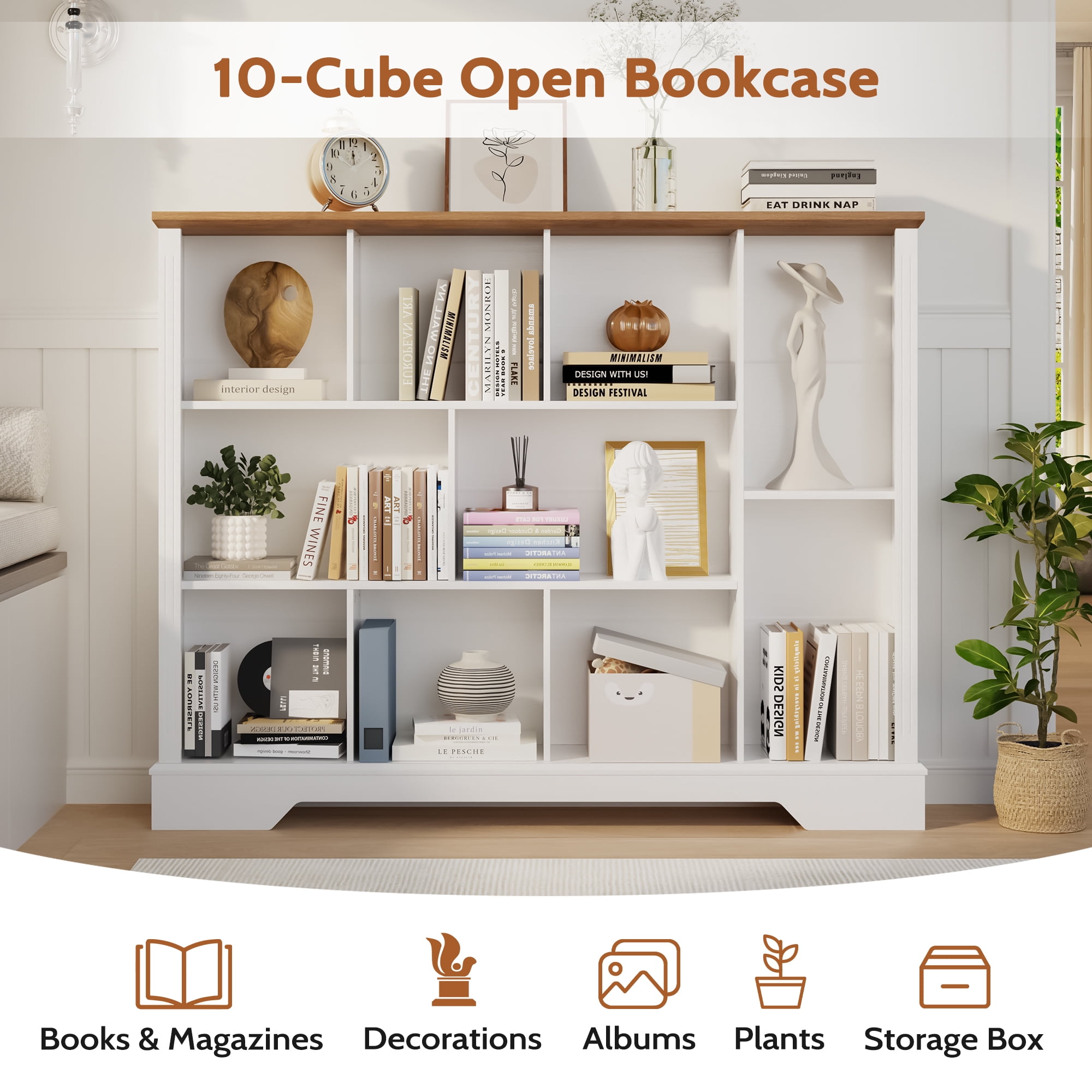 VIVIDWOOD Farmhouse 10-Cube Storage Organizer with Adjustable Shelf – White