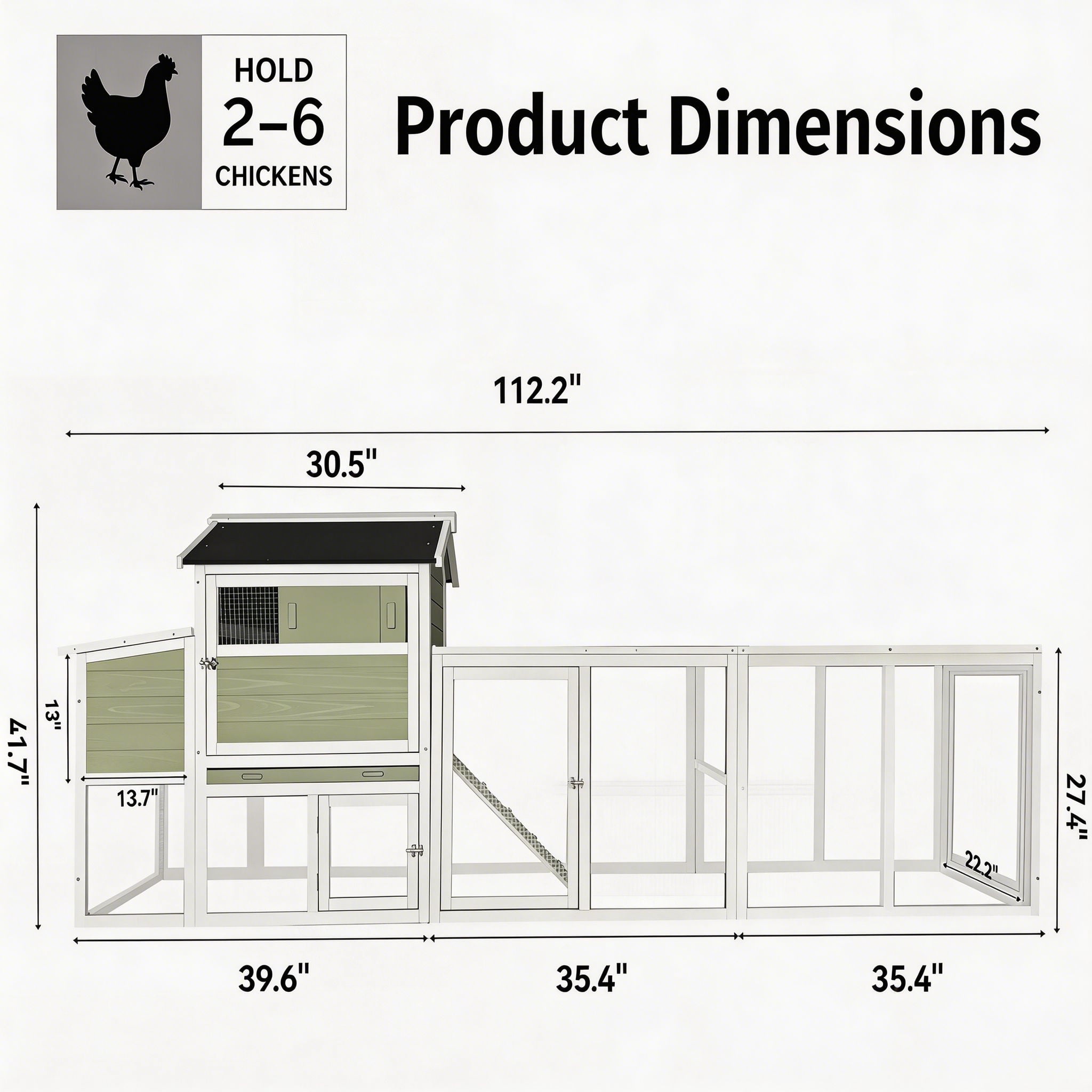 Backyard Chicken Coop with Nesting Box, Weather Resistant Wooden Hen House, Walk-In Run Options, Fits 2-6 Chickens, Green Coop with Run