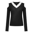 thumbnail image 4 of Mujeres sólido cuello en V manga larga encaje ahueca hacia fuera la camiseta Polluver blusa Tops Fridja FKASFK4485, 4 of 7