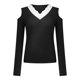 thumbnail image 4 of Mujeres sólido cuello en V manga larga encaje ahueca hacia fuera la camiseta Polluver blusa Tops Fridja FKASFK4482, 4 of 7