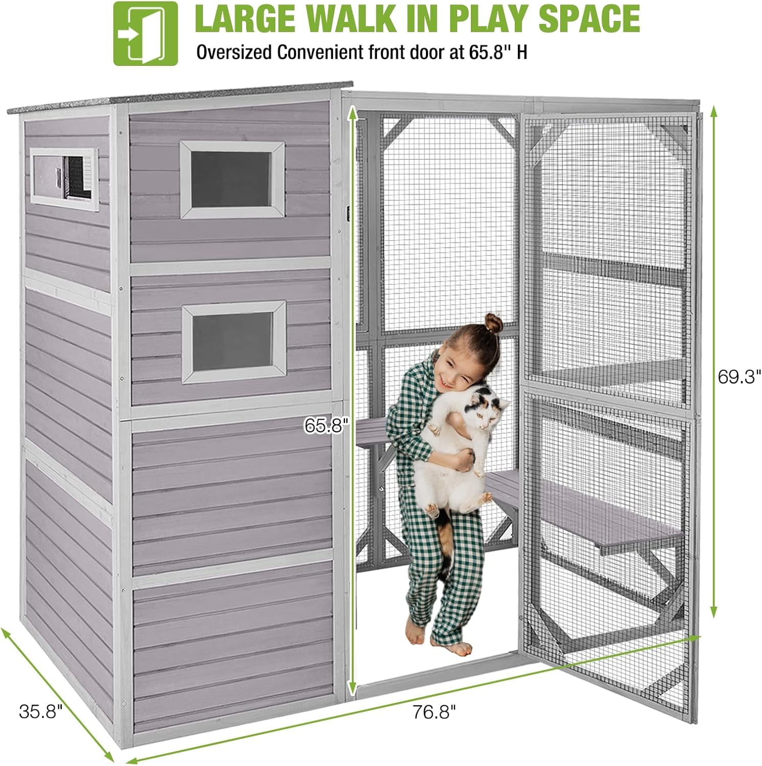 Catio Outdoor Cat Enclosure Large Cat Enclosure 4 Tiers Outdoor Cat House Connectable with Window,Grey,77" L