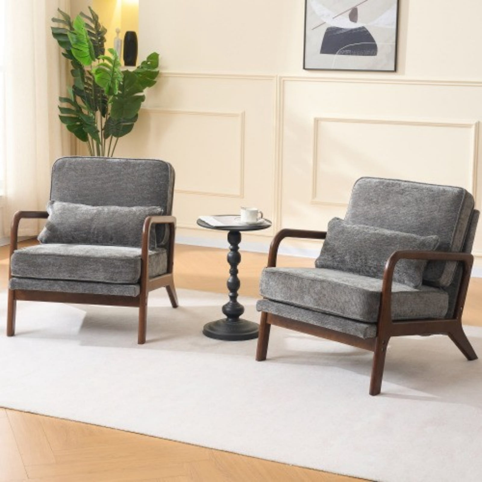 Mid-Century Modern Lounge Chair Single Upholstered Accent Chair with Curved Wood Armrests & Lumbar Cushion, Living Room Bedroom Reading Armchair Indoor, Dark Grey