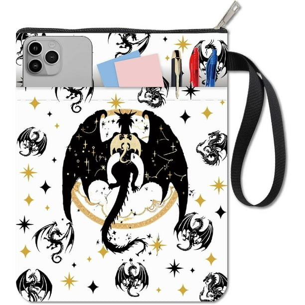 Funda protectora para libro de 11x8.7 pulgadas con cremallera, estilo romántico, con dragones oscuros, estrellas y magia. Diseño de fantasía. Incluye bolsillo frontal.