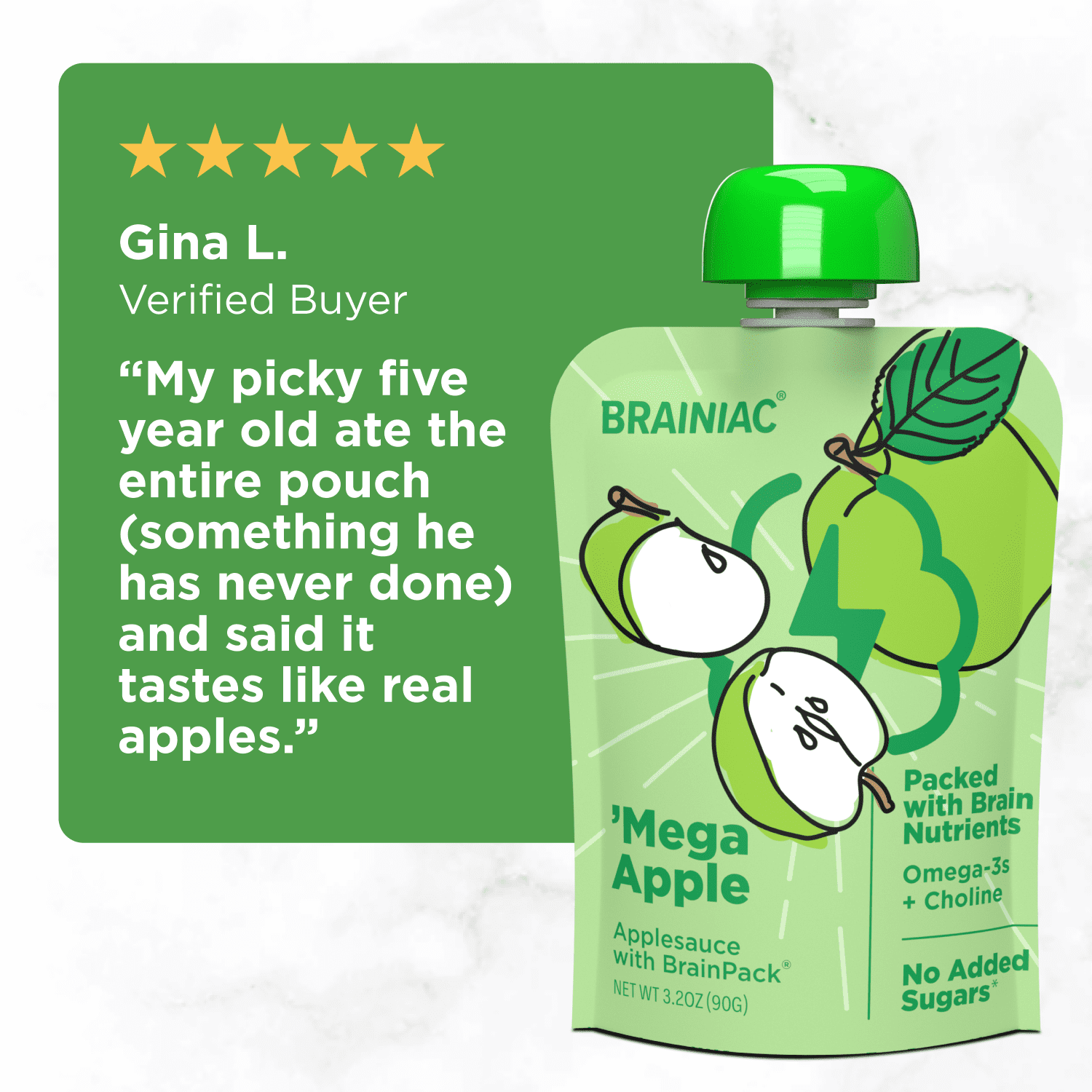 Brainiac Omega-3 Applesauce, Apple, No Sugar Added, 3.2 oz, 40 Ct
