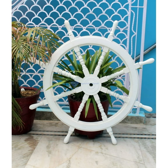 Nagina International White Washed Ship Wheel 36" Wood Ship's Wheels/Wood Ship Steering Wheel/Nautical Home Decor