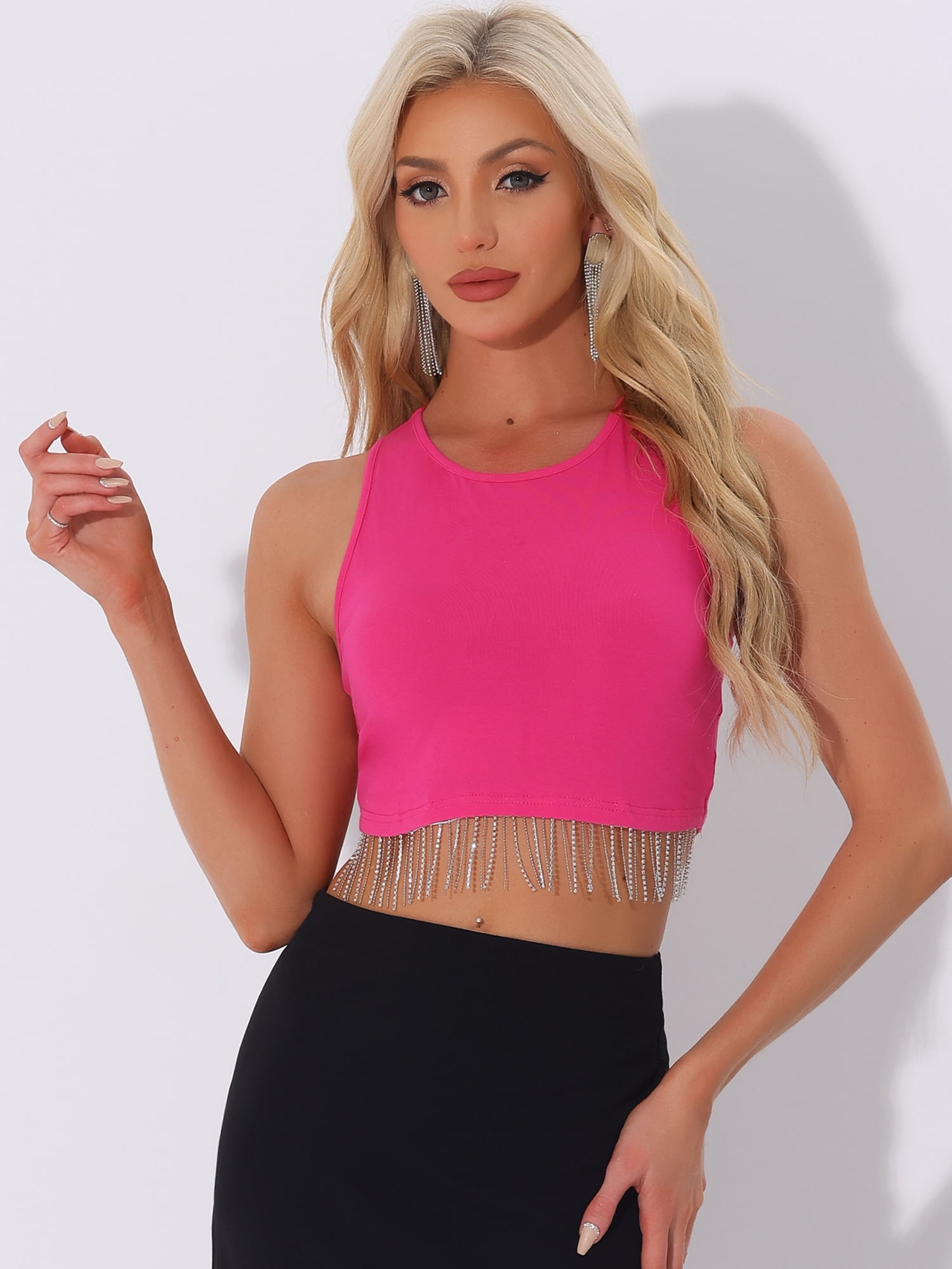DARING DIVA Women's Fringe Tops Y2K Raceback Sparkly Tank Crop Tops S Hot Pink