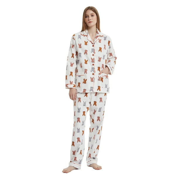 GLOBAL Conjunto de Pijamas de Franela para Mujer, Pijamas 100% Algodón para Mujer, Ropa de Estar por Casa, Manga Larga, Botón, Cordón en la Cintura, Ropa de Dormir Cálida, Conejo Blanco S