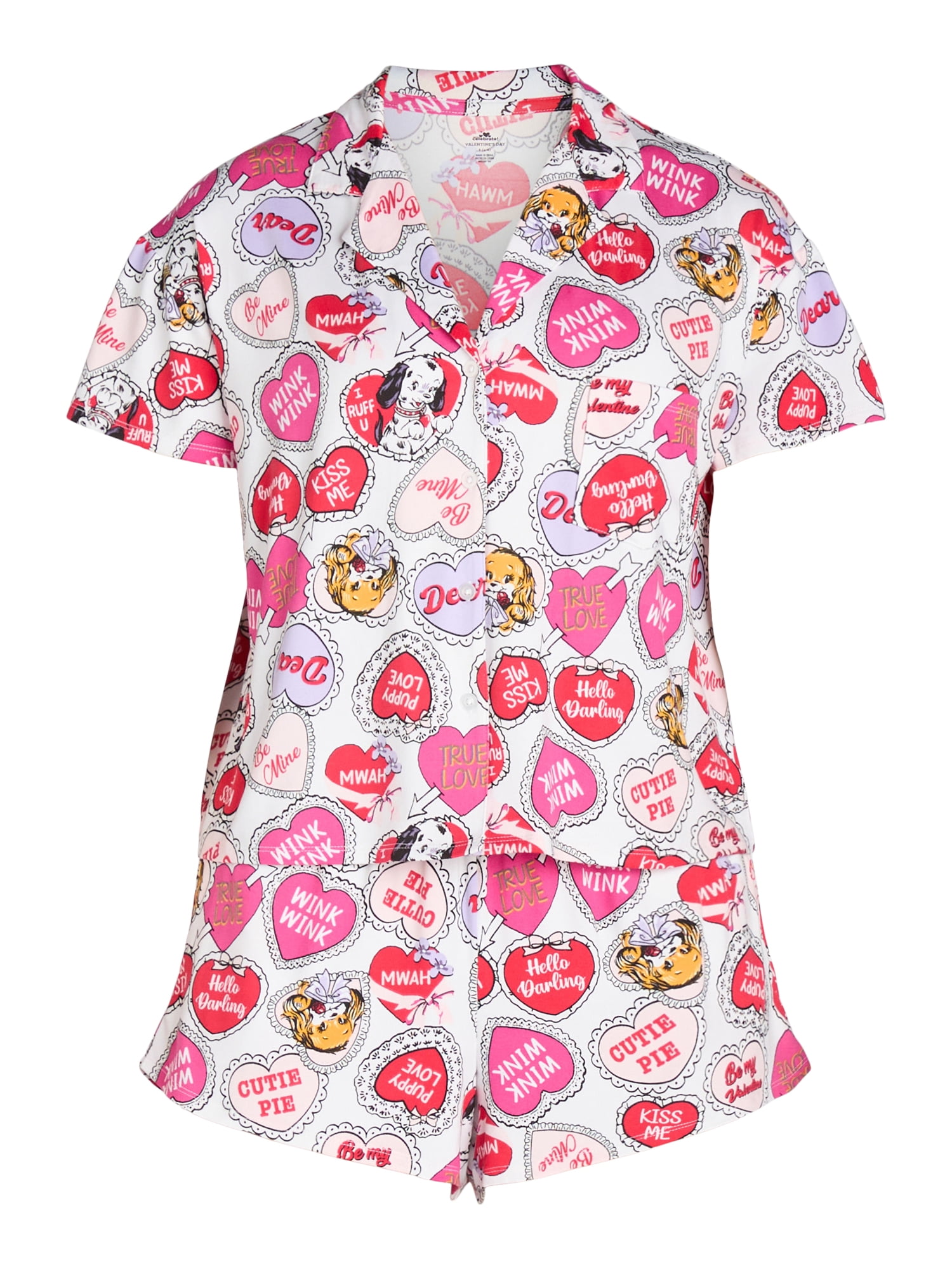 Women’s Valentine’s Day Print Shorty Notch Collar Pajama Set from Way to Celebrate, 2-Piece, Sizes XS-3X