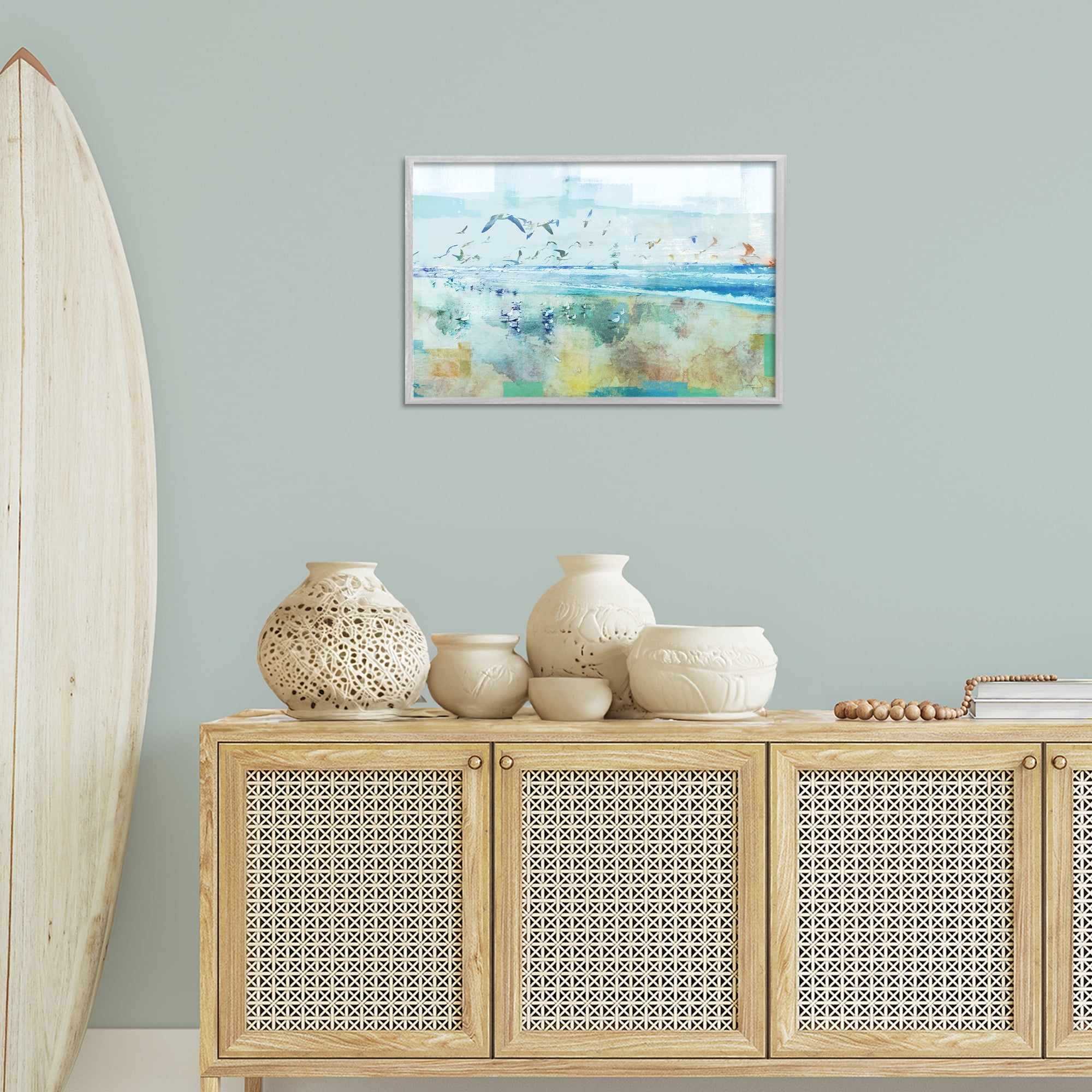 Stupell Industries Abstract Birds Over Beach Abstract Painting Gray Framed Art Print Wall Art, 24 x 16