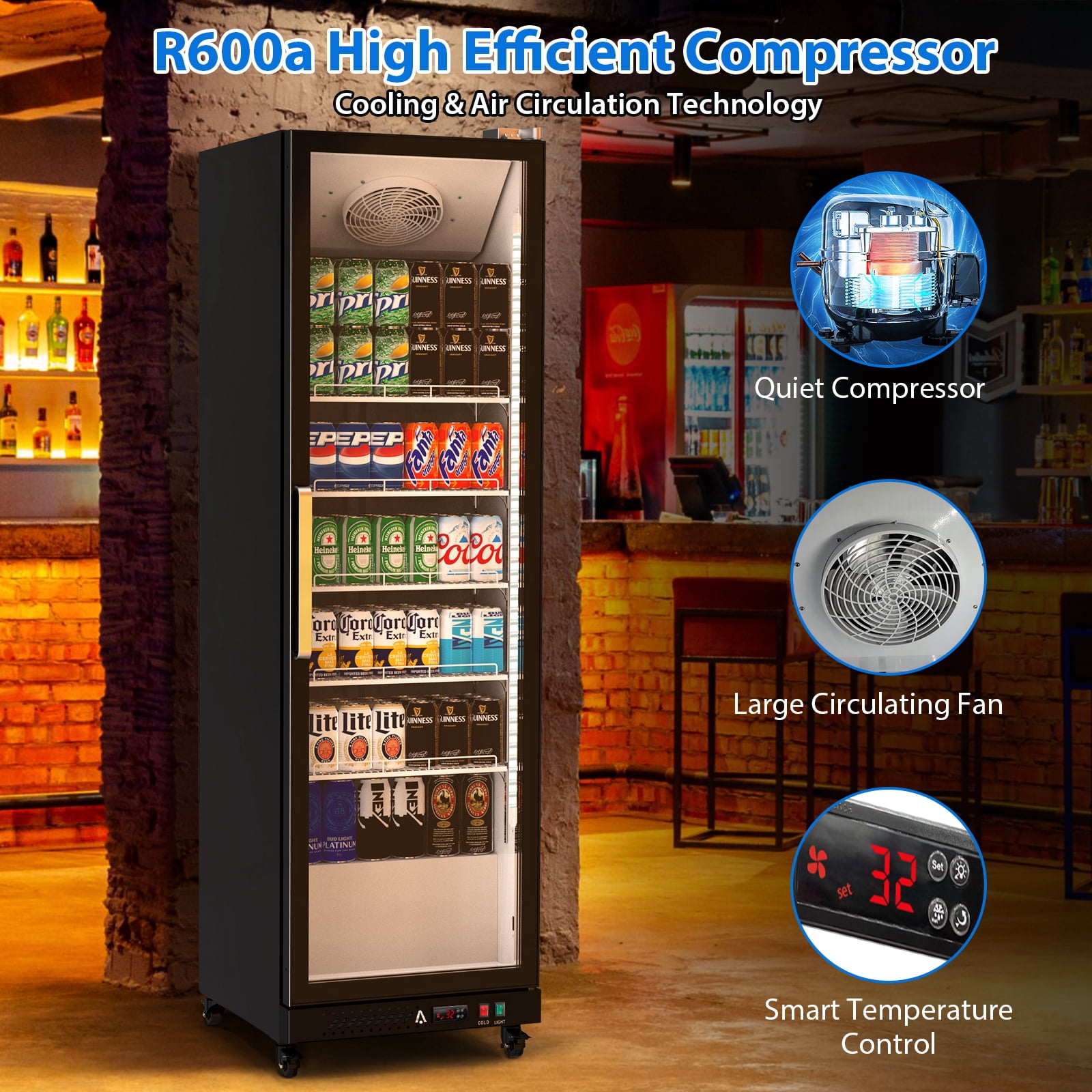 Commercial Glass Door Display Refrigerator, 11.6 Cu. Ft. Merchandiser Refrigerator Upright Freezer Beverage Cooler, Display Cooler Case Fridge with Adjustable Shelves, Drink Organizers, Black