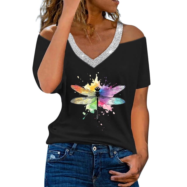 Camisetas Casuales para Mujeres Correa de Hombro de Verano Camiseta con Cuello en V, Manga Corta Top Ligero para el Hogar Y la Fiesta