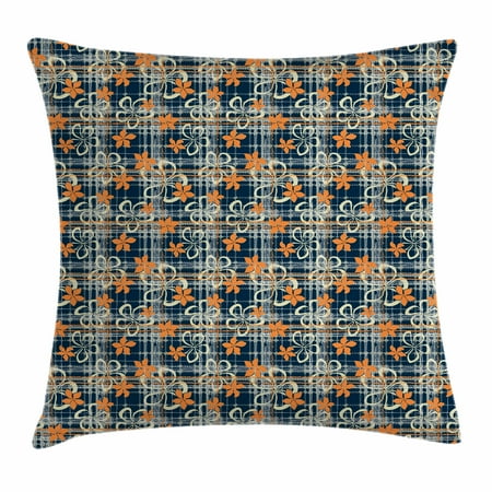Ivory Shabby Chic Easel Geometric Throw Pillow Cushion Cover, Grunge Tartan Textured Scottish Vivid Flower Petals Shabby Chic Motif, Decorative Square Accent Pillow Case, 16 X 16 Inches, Dark Blue Orange Ivory, by Ambesonne ()