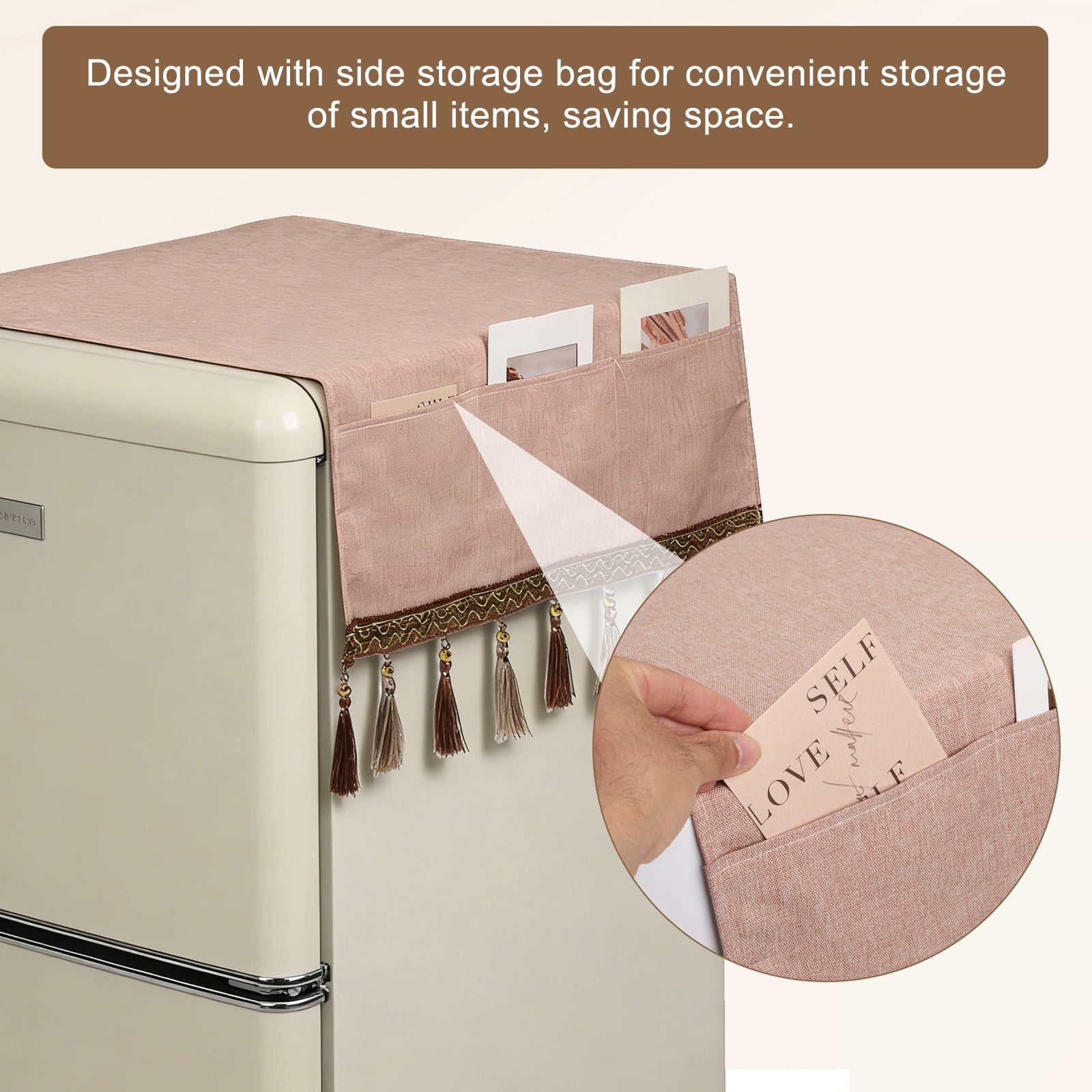 Uxcell Fridge Dust Cover (51''x21'', Coffee) - Dustproof Refrigerator Top Covers Ruffle Edge Anti-Slip Washer Dryer Top Protector Mat with Storage Pocket for Freezer/Furniture/Home