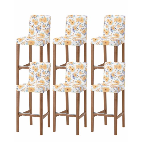Orange Watercolor Floral Bar Stool Covers Set of 6, Spring Flower Abstract Art Stretch Washable Bar Chair Covers with Backs, Removable Pub Counter Height Chair Cover for Kitchen Dining Room Cafe