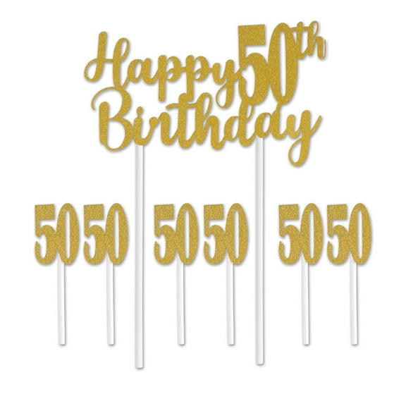 Set of 12 Gold Happy 50th Birthday Cake Topper 8.25"