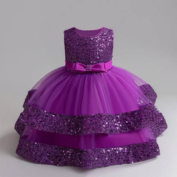 HOMADLES Summer Toddler Dress for Girls Crewneck Mesh Ruffed Layered Sleeveless Print Breathable Princess Dress Purple 80