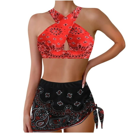 Zuesphe Swim Suits for Women 2025 Tummy Control Bikini Bathing Suit for Women High Waisted Modest Swimwear for Women Two Piece Beachwear Women Red Vintage Padded Push up Clearance Sales
