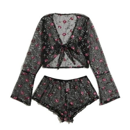 

Womens Embroidery Perspective Tops Shorts Outfits Thongs