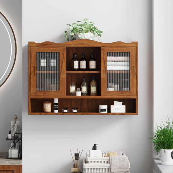 35.4" Bathroom Wall Cabinet with Glass Door, Three Tiers of Medicine Cabinet with 2 Door Sliding for Bathroom, Kitchen, Dining Room, Brown