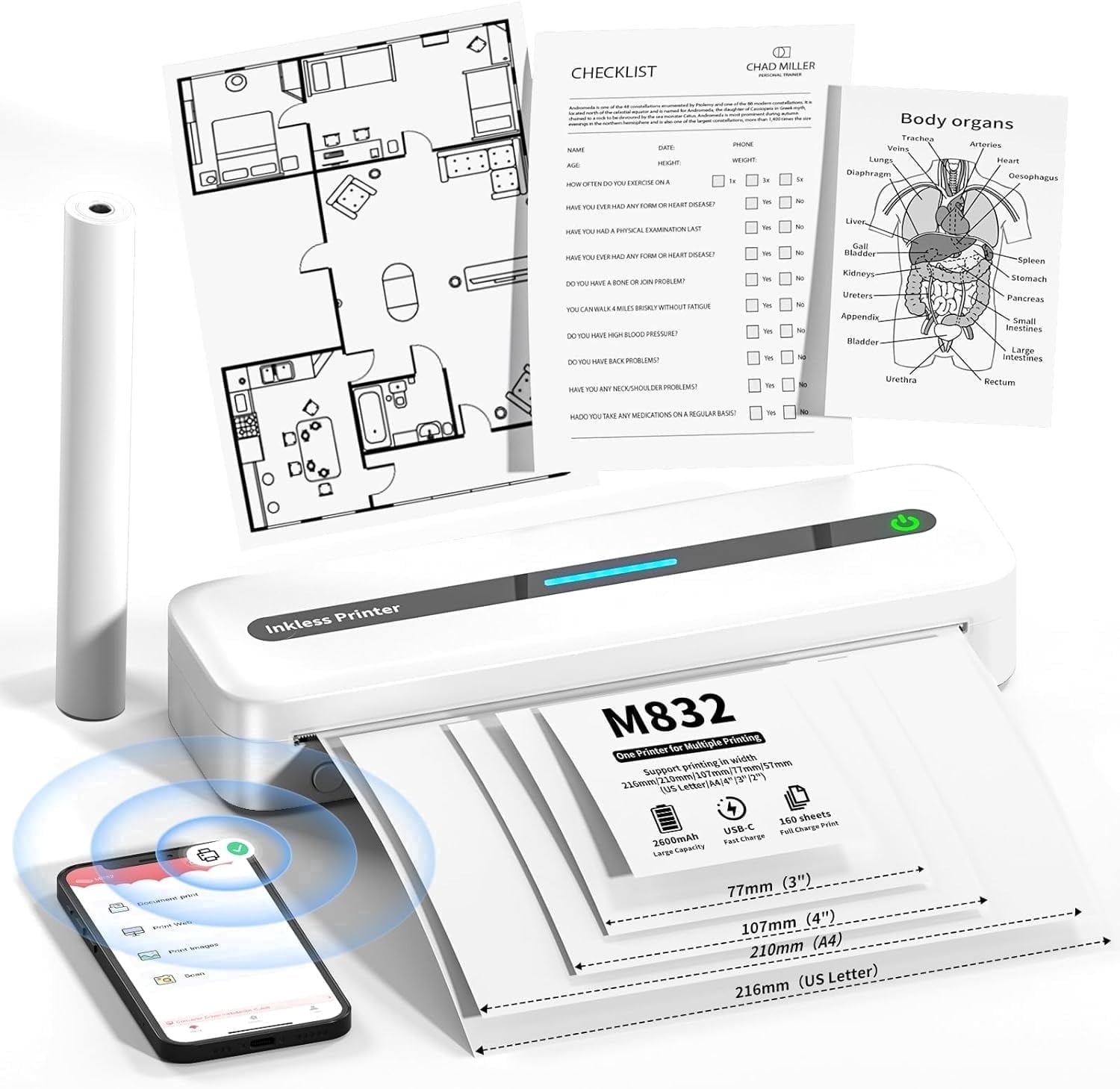 Portable Printers Wireless, M832 Bluetooth Thermal Printer, Inkless Mobile Printer Support 8.5'' x 11'' & A4 Thermal Paper, Compatible with iPhone Android Laptop for Office Car Home