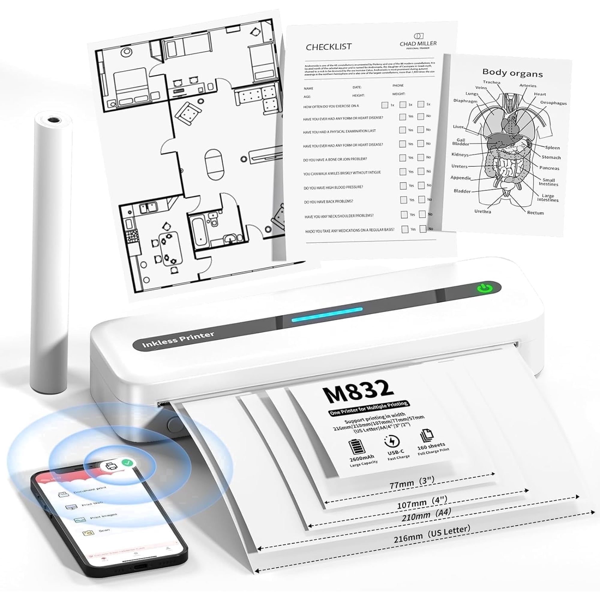 Portable Printers Wireless, M832 Bluetooth Thermal Printer, Inkless Mobile Printer Support 8.5'' x 11'' & A4 Thermal Paper, Compatible with iPhone Android Laptop for Office Car Home