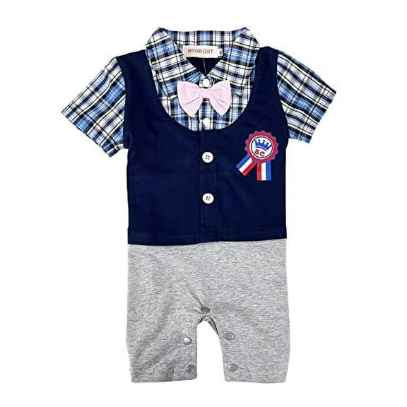 StylesILove Baby Plaid Award Badge Tuxedo Baby Romper (18-24 Months, Navy)