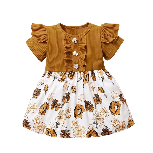 Vestido Para Niñas, Ropa Para Niñas Pequeñas, Manga Corta, Volantes, Estampado Floral, Vestido De Princesa, Marrón Odeerbi LM103-1122