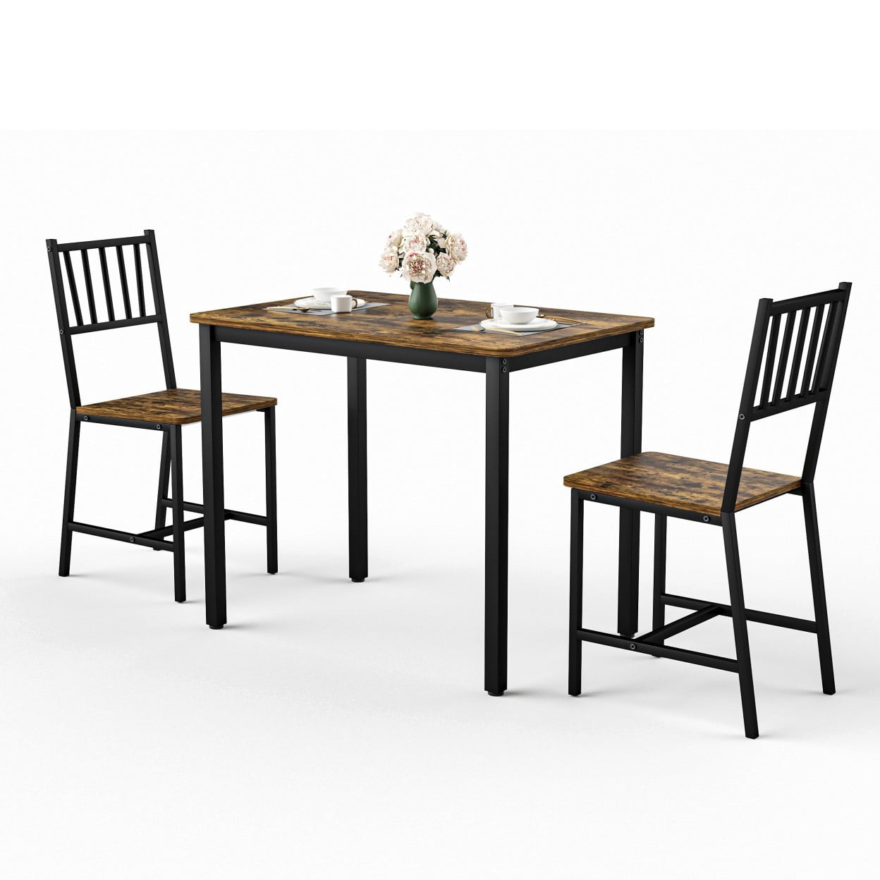 3 Piece Dining Table Set with 2 Chairs, Industrial Counter Height Kitchen Table Set, Breakfast Table for Small Space Dining Room Living Room, Rustic Brown
