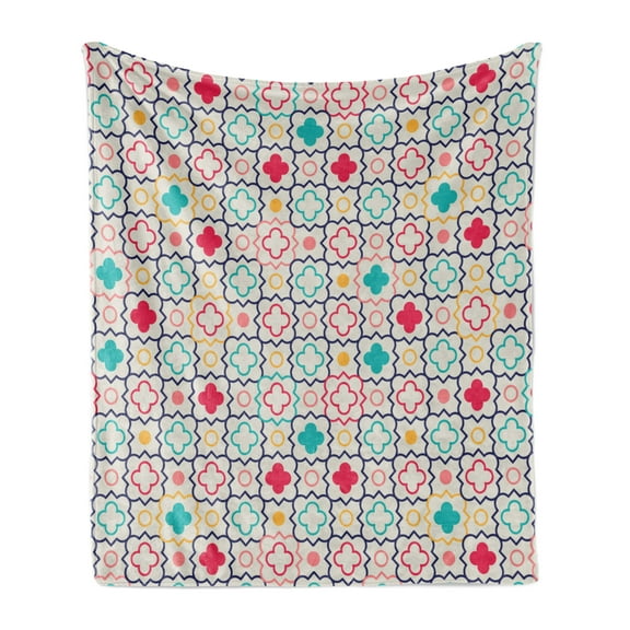 Quatrefoil Soft Flannel Fleece Throw Blanket, Traditional Tile Pattern Clovers Lattice Oriental Art Print, Cozy Plush for Indoor and Outdoor Use, 50" x 60", Blue Green, by Ambesonne