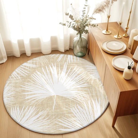 Round Rugs 3Ft, Cream Palm Leaves Coastal Round Area Rug Washable Indoor Throw Carpet, Summer Tropical Botanical Boho Small Non Slip Circle Rug for Bedroom Living Room Home Decor Aesthetic