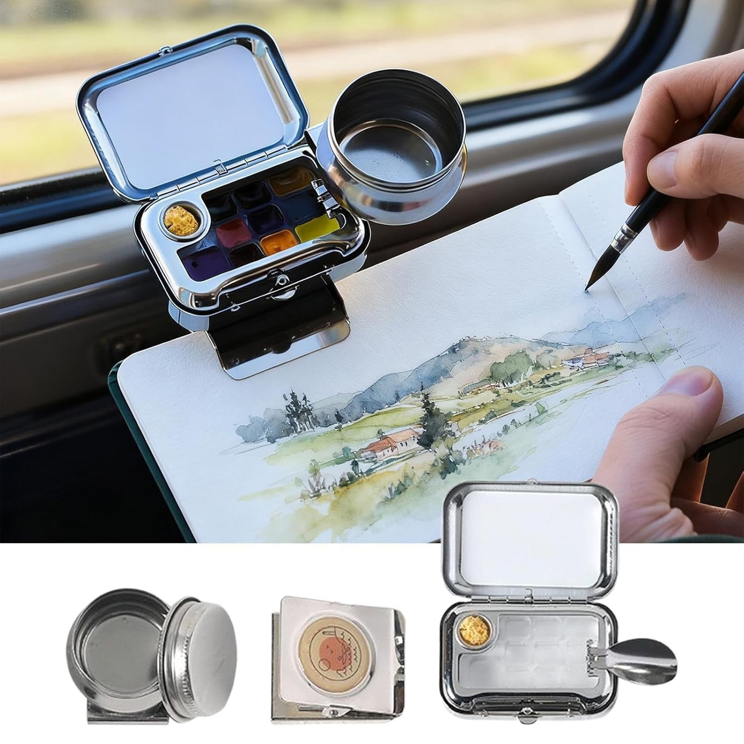Travel Watercolor Palette, Mini Paint Palette, 10-Grid Empty Mini Watercolor Tin Box with Clip and Pen Washer Jug, Pocket Watercolor Set for Artist Outdoor Sketching (Silver, Watercolor Not Included)