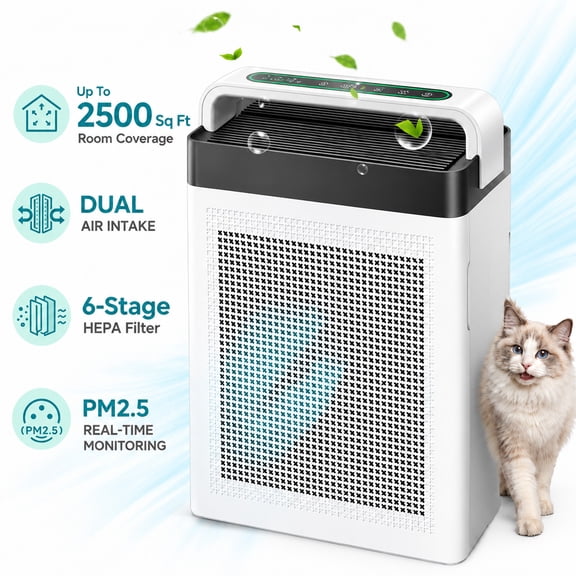 Air Purifier for Large Rooms up to 2,500 Sq. Ft., 6-Stage Filtration with H13 True HEPA, for Dust, Smoke, Odors & Pollen, PM2.5 Display, Auto Mode, Dual Air Intake, 1–24H Timer, White