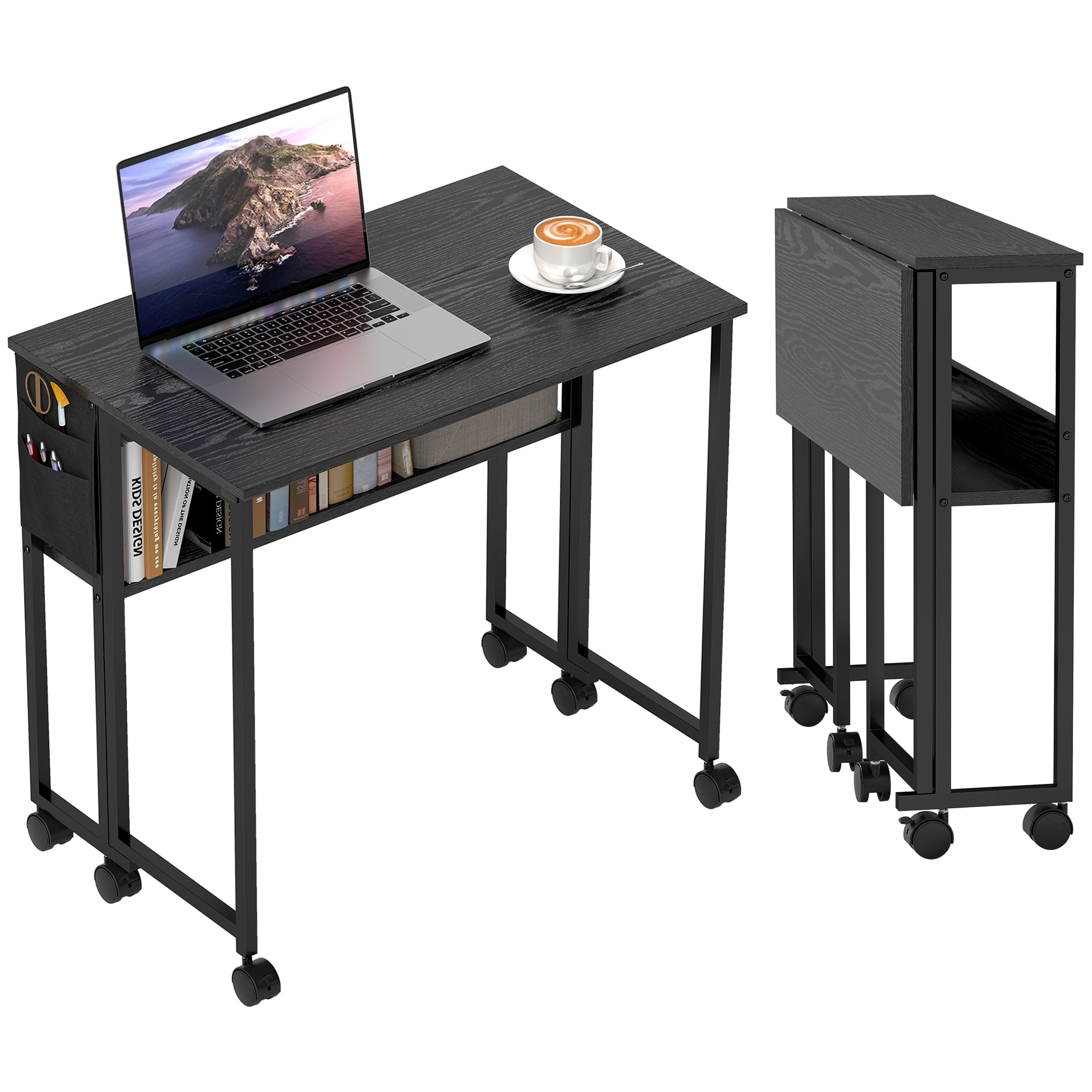 HOMCOM Small Folding Desk, 31.5" Foldable Computer Desk with Storage Bag, Shelf and Wheels for Small Spaces, Home Office, Easy Assembly, Black