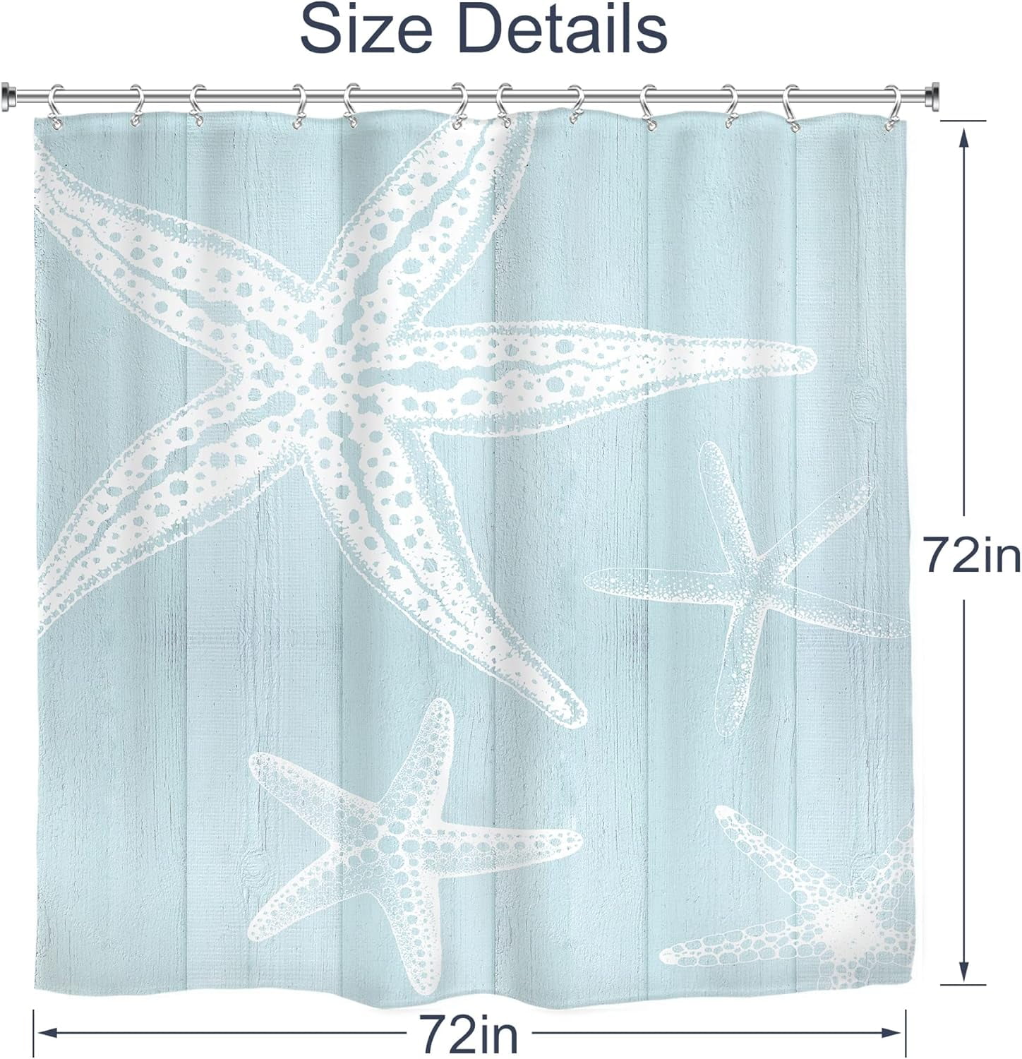 Beach Starfish Shower Curtain 72Wx72L Inch Coastal Farmhouse Nautical Vintage Country Wooden Plank Ocean Rustic Artwork Cloth Fabric Waterproof Polyester Bathroom Decor Set with 12 Pack Hooks