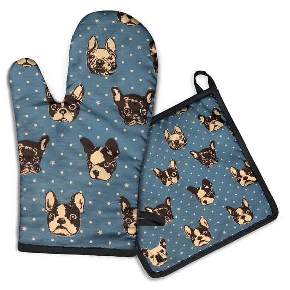 French Bulldogs Blue Kitchen Oven Mitt and Pot Holder Sets 2 Pcs for Baking, Cooking and Grilling, Heat Resistant Up To 392 °F