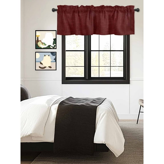 Kitchen Valances for Window, Classic Solid Dark Red Light Filtering Rod Pocket Valance Curtain, Vintage Monochrome Short Curtains Window Topper for Bedroom Bathroom Living Room 54x18in