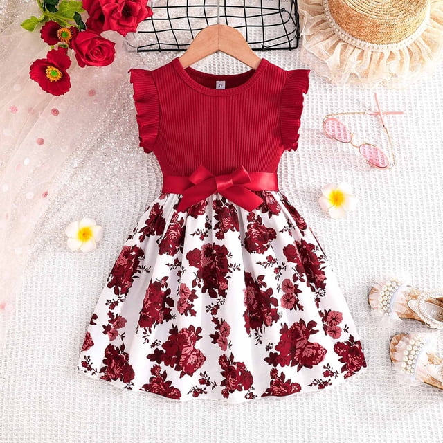 Robes pour Fillettes Manches à Volants Robe d'Été Ligne A Robe Nœud Papillon Robe Décontractée pour Filles