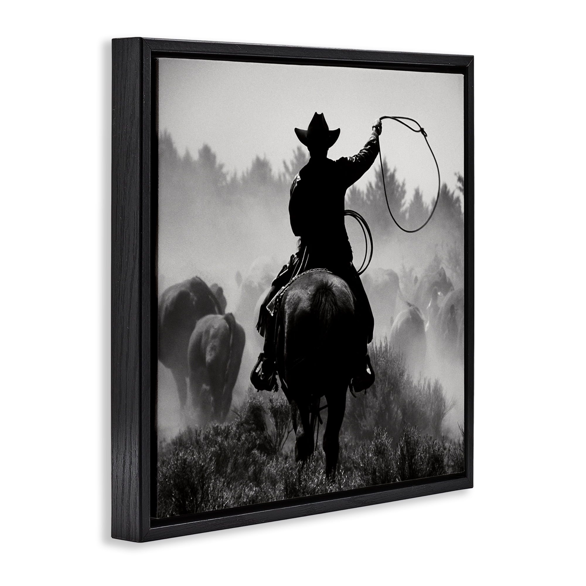 Stupell Industries Cowboy Swinging Lasso People Photography Black Floater Framed Canvas Art Print Wall Art, 18 x 18