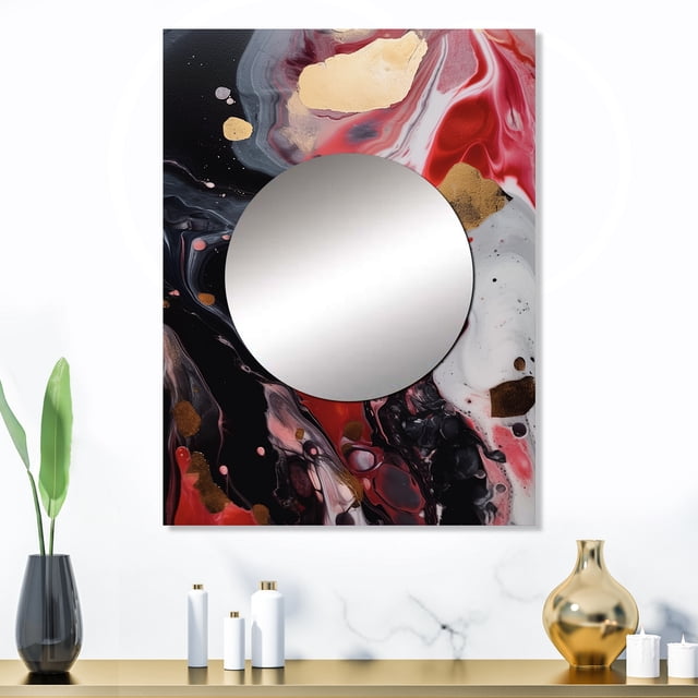 Designart "Infused Marble in Red and Black" Abstract Marble Mirror Wall Decor - Modern Red Abstract Large Mirror For Wall Art Decor - 32" x 24" Inch