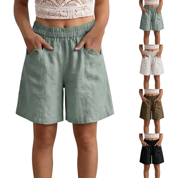 Endives Women's Linen Short High Waist Casual Shorts Summer Breathable Loose Fit Wide Leg Short Beach Shorts With Pockets Daily Wear