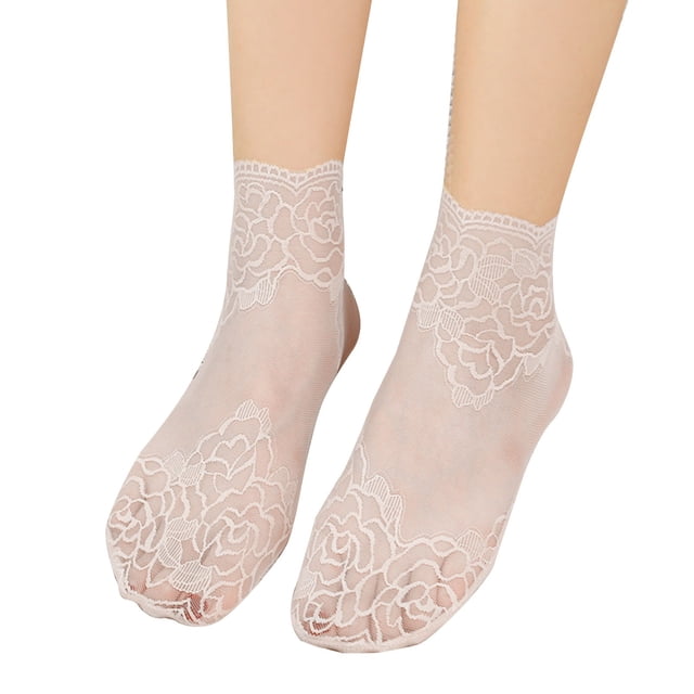 Breezora Fashion Womens Lace Trim Ankle Socks Non Slip Grips Soft Elastic Breathable Net Design Low Cut Socks Light Pink