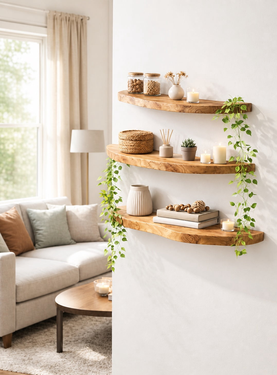 Rustic Floating Wall Shelf, Solid Wood, Live Edge Design, Natural Wood Grain