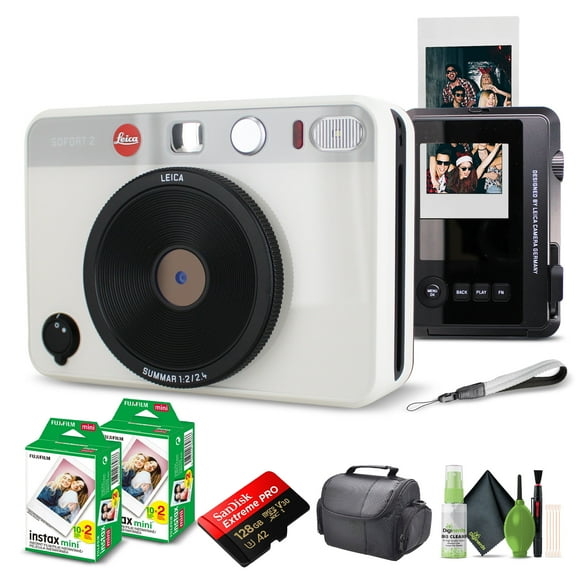 Leica Sofort 2 Hybrid Instant Photo Film and Digital Camera (White) (19188) with LCD Display Bundle with Fujifilm Instant Film 40 Sheets + 128 GB Memory Card + Bag + Cleaning Kit