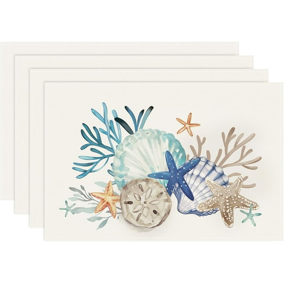 Nautical Coastal Placemats Set of 4, 12x18 Inch Beach Starfish Seashell Ocean Coral Summer Kitchen Dinning Table Mats Washable Place Mats for Indoor Outdoor Home Party Décor