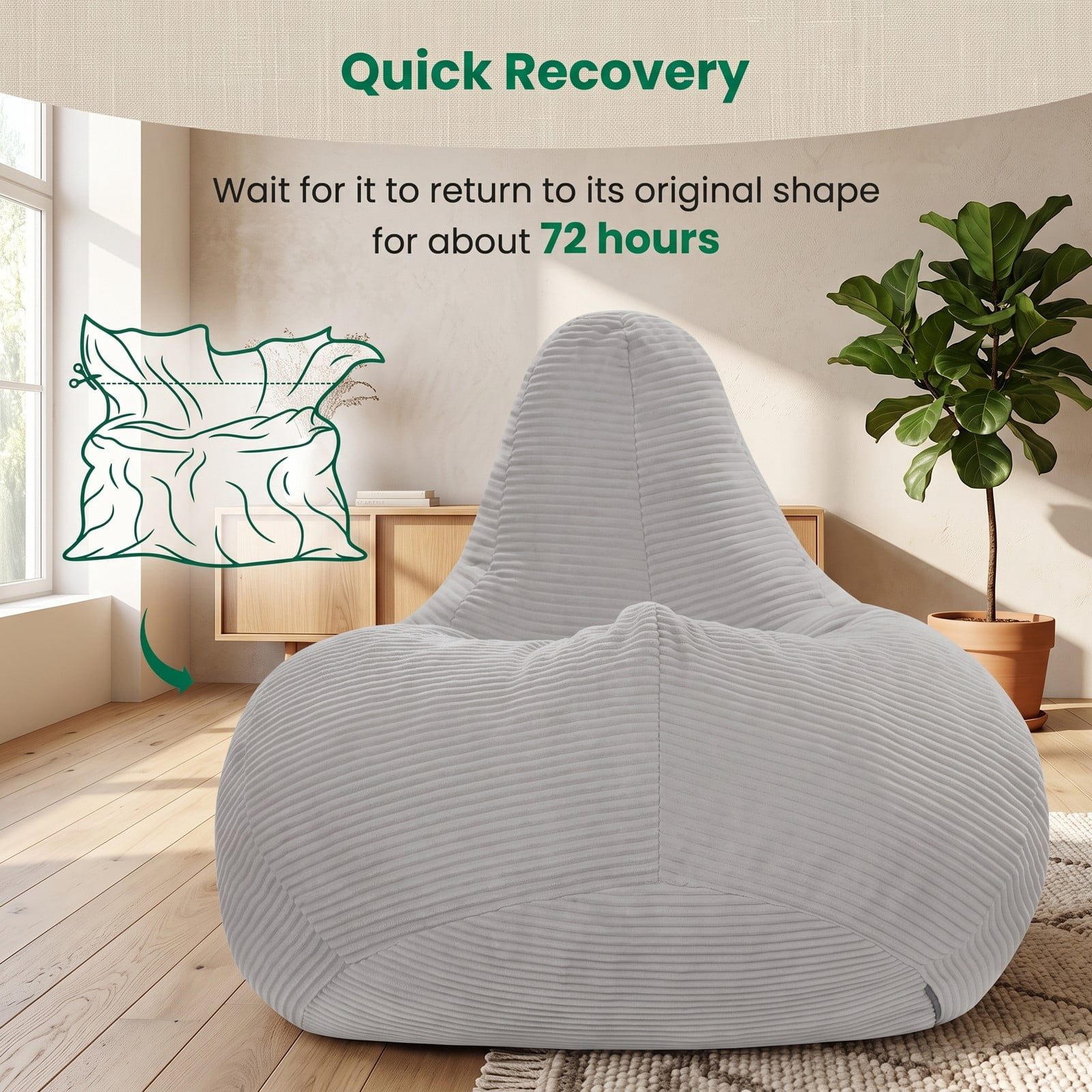 Furnibear Bean Bag Chair for Adults, Corduroy Lazy Lounger Accent Sofa with Soft Sponge Filling, Skin-Friendly Cover, Ergonomic Reading Gaming Seat for Bedroom, Gray