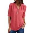 thumbnail image 1 of Yuyuzo Chiffon Tops for Women Half Sleeve V Neck Buttons Tunic Tops Solid Color Flowy Tee Shirts, 1 of 7