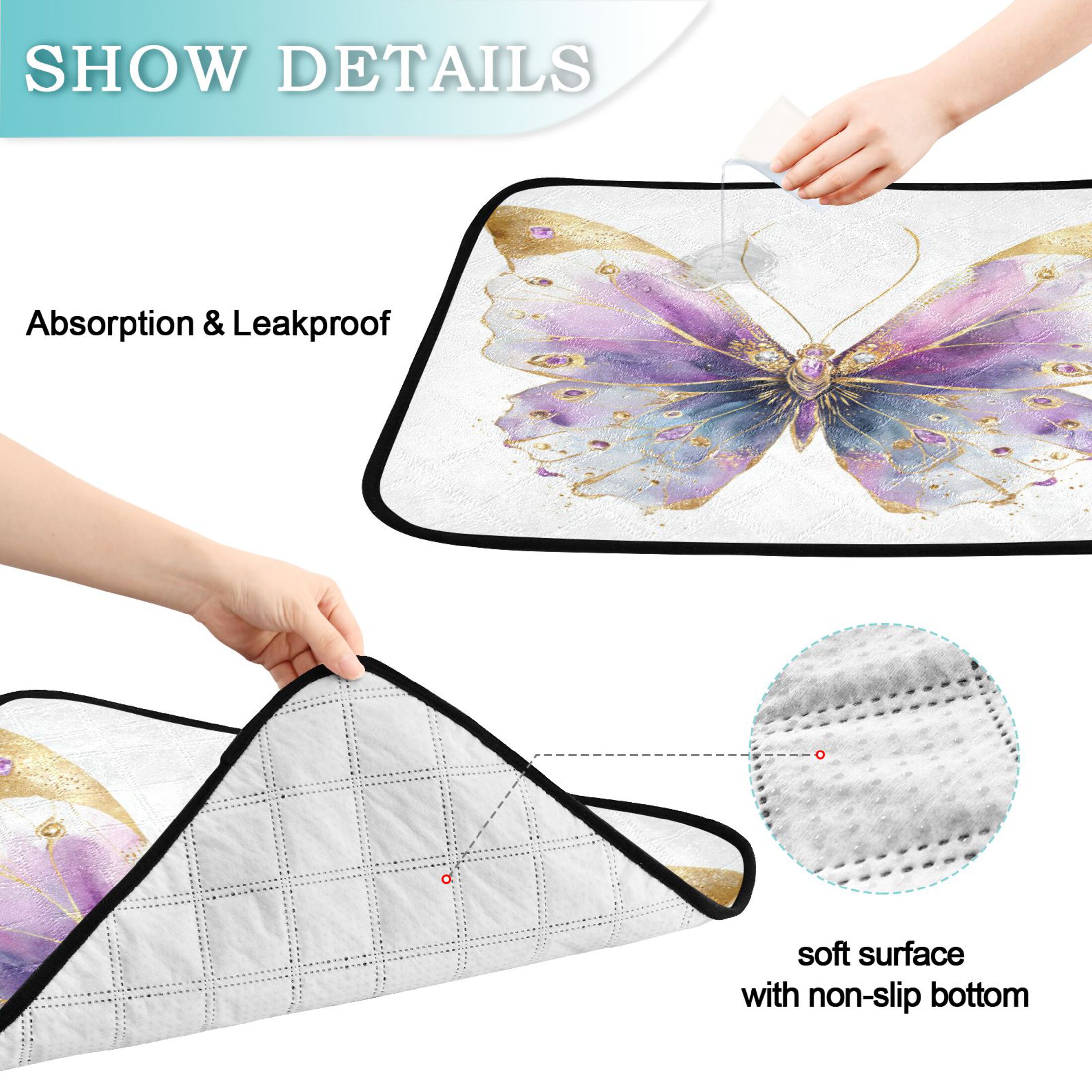 Qxltty Pastel Butterfly Cat litter Pads Pet Set of 2 Diaper Mats Center Anti-leakage Layer Absorbent Soft and Comfortable