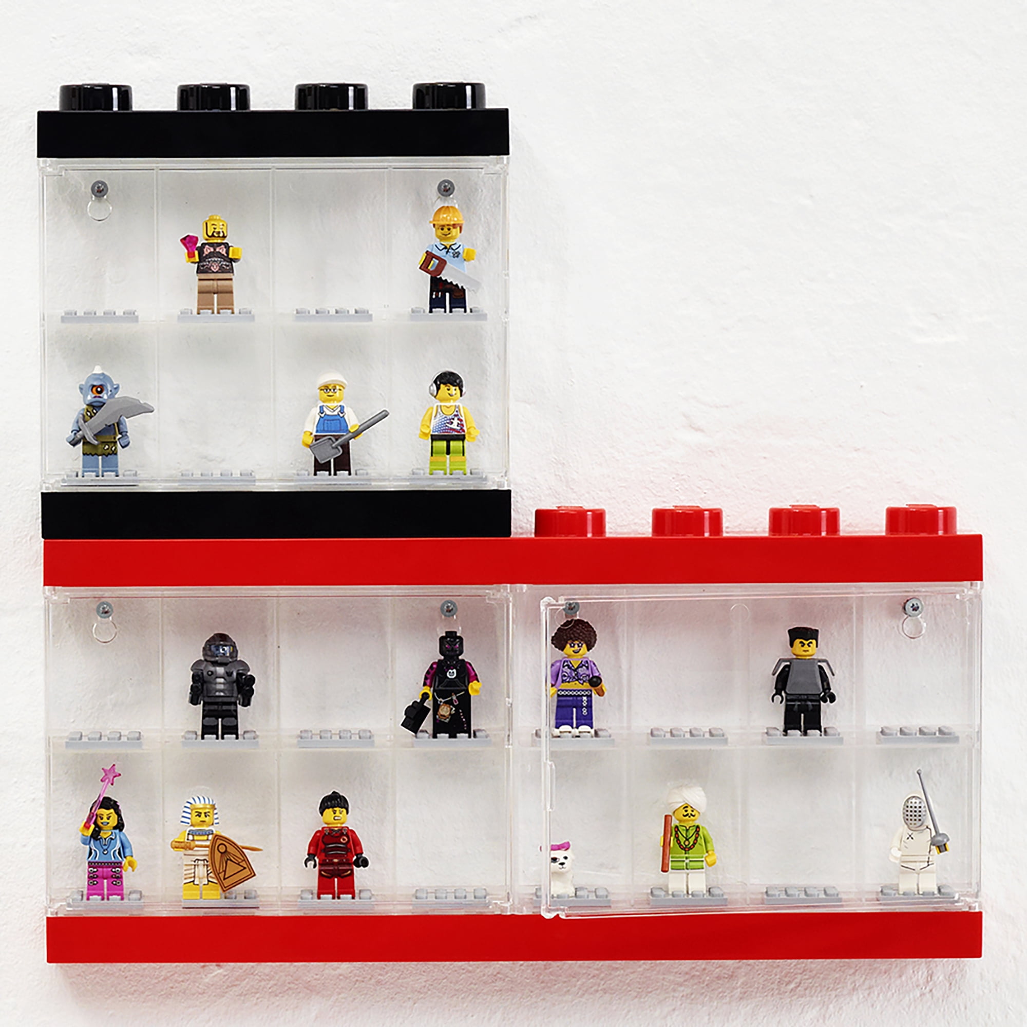 LEGO Minifigure Display Case Red Holds 16 Figures Stackable Collectible Showcase
